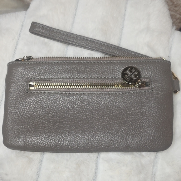 Tory Burch Taupe Leather Wristlet with Gold Logo - Picture 3 of 7